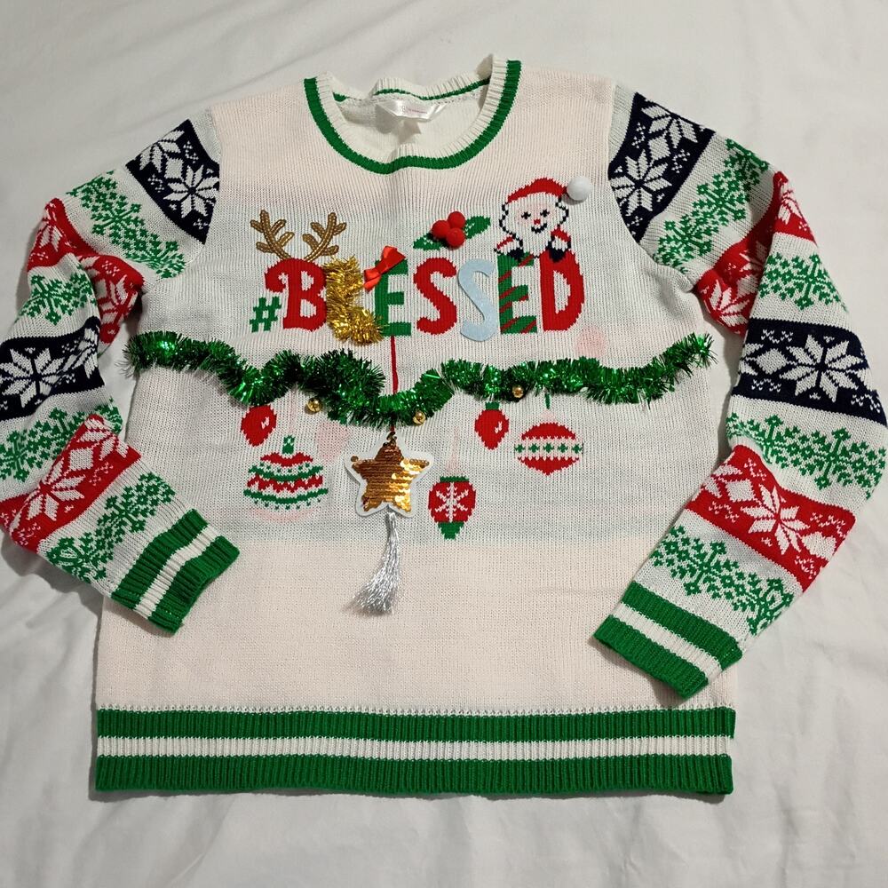 Ugly Christmas Sweater Kids L (11-13) BLESSED 3D Garland Sequins PomPoms